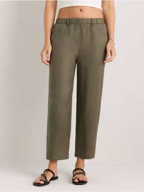 Quince Linen Bayberry Olive Green Straight-Leg Elastic-Waist Pants NWT